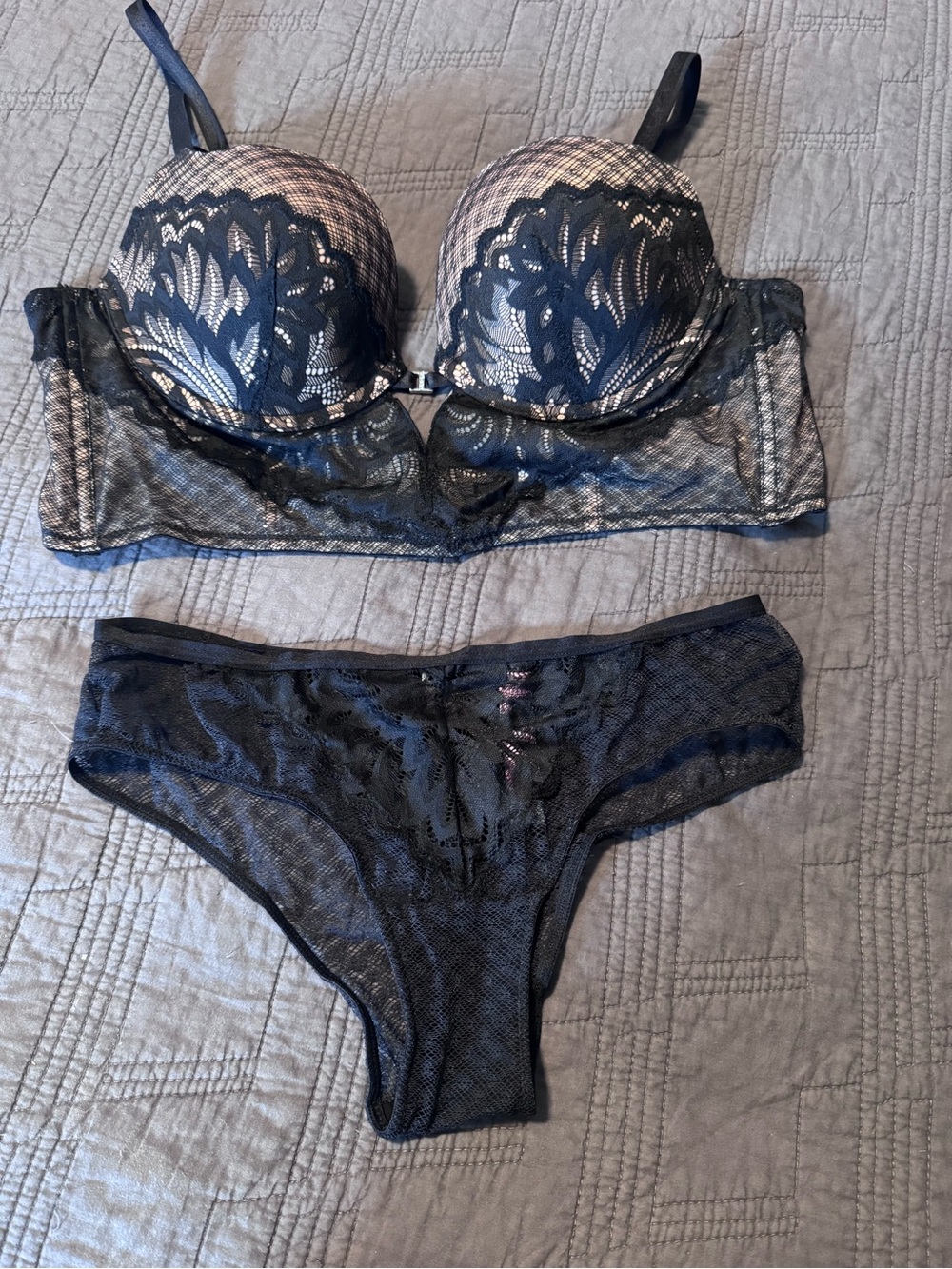 Adore Me Black Nude Lace Longline Bra & Panty Set 36D Small
